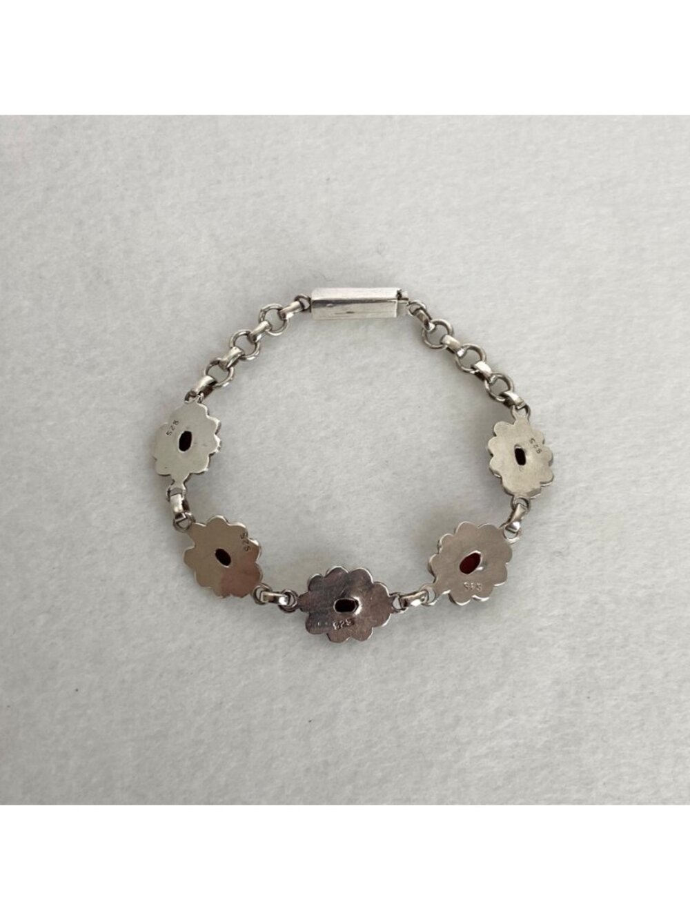 Sterling Silver 925 Garnet Cabochon Flower Floral Link Bracelet 7" - Picture 4 of 16